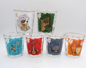 Libbey Apothecary Pharmacy Rx Gold Trim Rocks Glasses 4&quot; Complete Set of 6 VTG