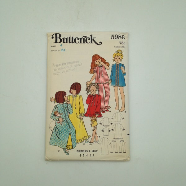 Vintage '70's Butterick 5988 Sewing Pattern UNCUT  Little Girls' Nightgown, Pajamas or Robe in Size 4 for 23" Chest