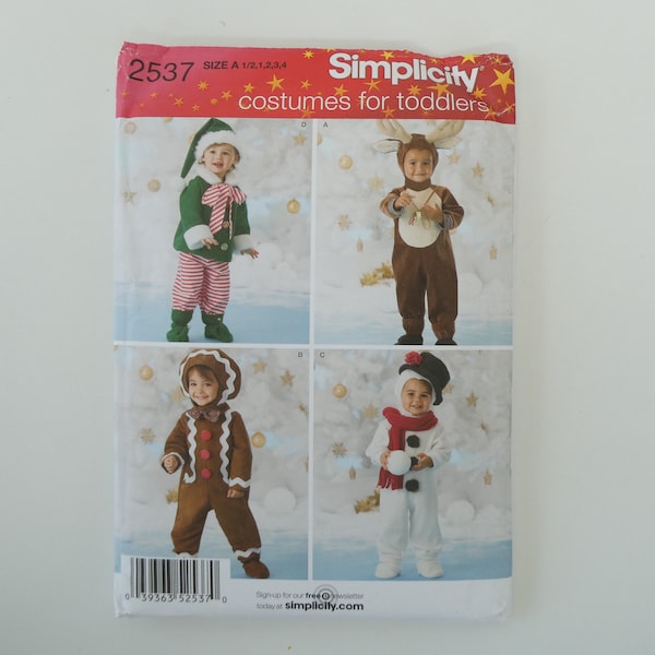 Simplicity 2537 Patron de couture non coupé Costume de Noël Elfe, renne, bonhomme de neige, bonhomme en pain d'épice, taille de poitrine pour tout-petits 19" à 23"