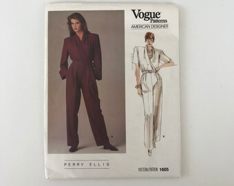 Vintage Vogue #1605 Perry Ellis American Designer Sewing Pattern UNCUT V-neck Jumpsuit w/ Short or Long Sleeves, Size 12 w/ 34" Bust 1985