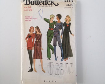 vintage '70's Butterick 6413 Motif de couture non coupé Garde-robe Col carré Manches Bouffante Tunique Robe pour Tricots MissEs Taille 14 pour 36 « Buste 1972