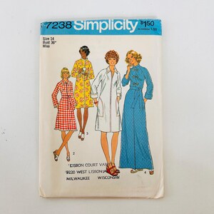 May include: A Simplicity 7238 sewing pattern envelope for size 14, bust 36 inches. The cover features illustrations of four different dress styles, including a red and white gingham dress, a yellow floral dress, a white coat dress, and a blue gown.