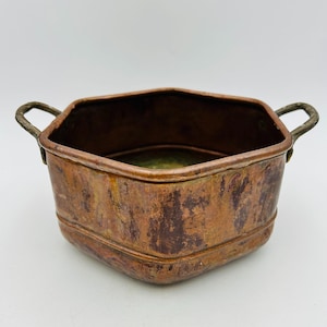 Hexagon Shaped Copper Pot Rolled Edge Dovetailed Seam Brass Handles 7" Vintage