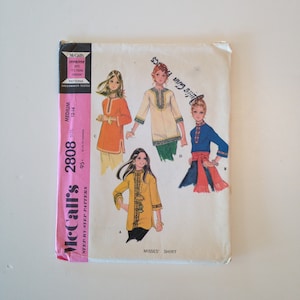 Vintage '70's McCall's 2808 Sewing Pattern UNCUT Middle Eastern Style Shirt with Ribbon Trim & 3/4 Sleeves Size Medium for 34"-36" Bust 197