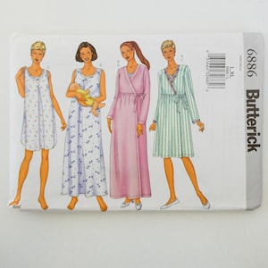 May include: A Butterick sewing pattern featuring illustrations of four different maternity and nursing nightgowns and robes. The designs include a short nightgown with floral print, a long nightgown with floral print, a pink wrap robe, and a striped robe.