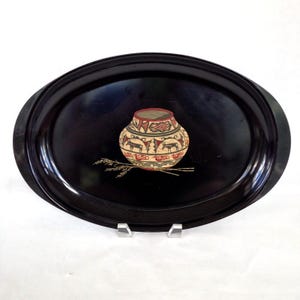 Couroc Southwest Pottery Design Oval Tray 15x10 Inlaid Brass Wood Vintage MCM