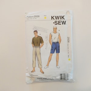 May include: A sewing pattern for men's clothing. The pattern is for a pair of shorts and a t-shirt. The pattern is from Kwik Sew and is number 2936.