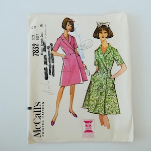 May include: Vintage McCall's printed pattern for a Misses' Brunch Coat, size 12, bust 32. The illustration shows a pink coat and a green floral coat. The pattern includes pockets and a double-breasted design.