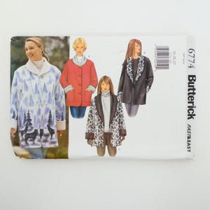 May include: Butterick sewing pattern 6774 featuring coat designs. The pattern shows a coat with a forest and wolf print, a red coat, and a black coat with a leopard print collar. The pattern is labeled "Fast & Easy".