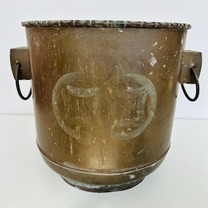 Large Chinese Brass Planter Vintage Pot Etching Design Ring Handles 10x10 inch