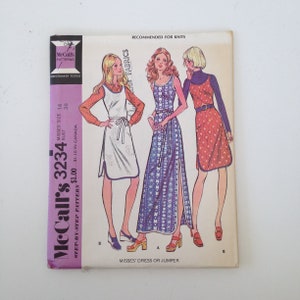 May include: Vintage McCall's sewing pattern number 3234 for a misses' dress or jumper. The pattern is recommended for knits and includes step-by-step instructions. The pattern cover features three women wearing different styles of dresses.