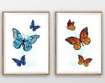Butterfly Printable Wall Art Set of 2, Colorful Monarch Butterfly Art Blue & Orange Butterflies, Digital Download, Modern Home Decor