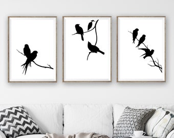 Black Bird Prints Set of 3 Bird Wall Art Modern Decor Black & White Bird Art Bird Silhouettes Printable Wall Art Digital Download