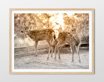 Twin Fawns Photo Print Sepia, Baby Deer Twins, Baby Animal Wall Print, Cute Kids Room Decor, Wildlife Wall Art, Printable Digital Download