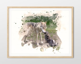 Wolf and Pup Watercolor Print Baby Animal with Mom Cute Kids Room Decor Printable Wall Art for Nursery Digital Download