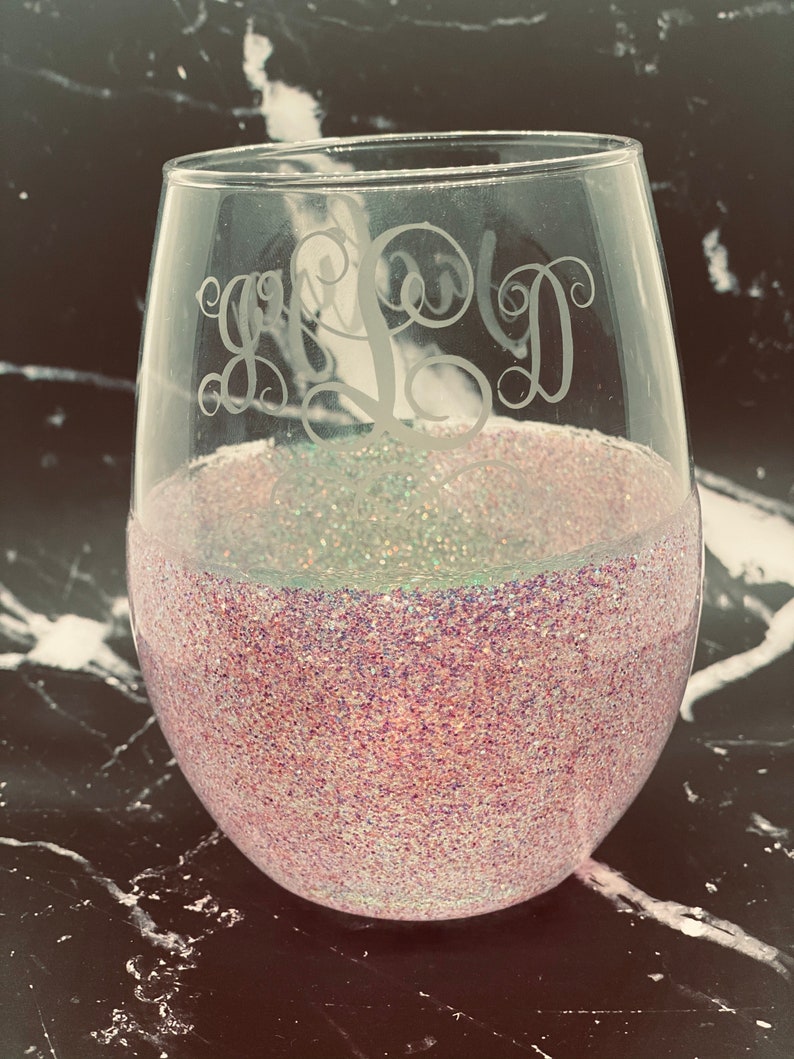 Glittered Wine Glass With Etched Monogram