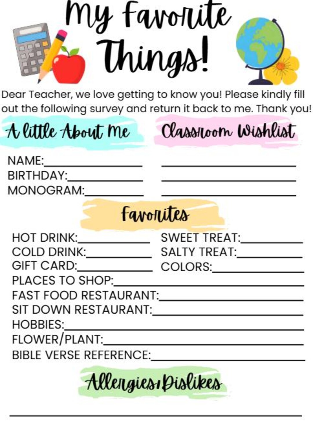 Teacher Favorite Things Survey Printable: Gift Ideas & All About Me ...