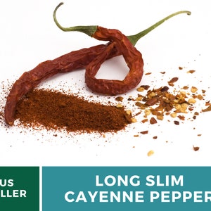 May include: Dried long slim cayenne peppers, whole, crushed, and ground into a powder.  The peppers are red and the powder is a deep red color.