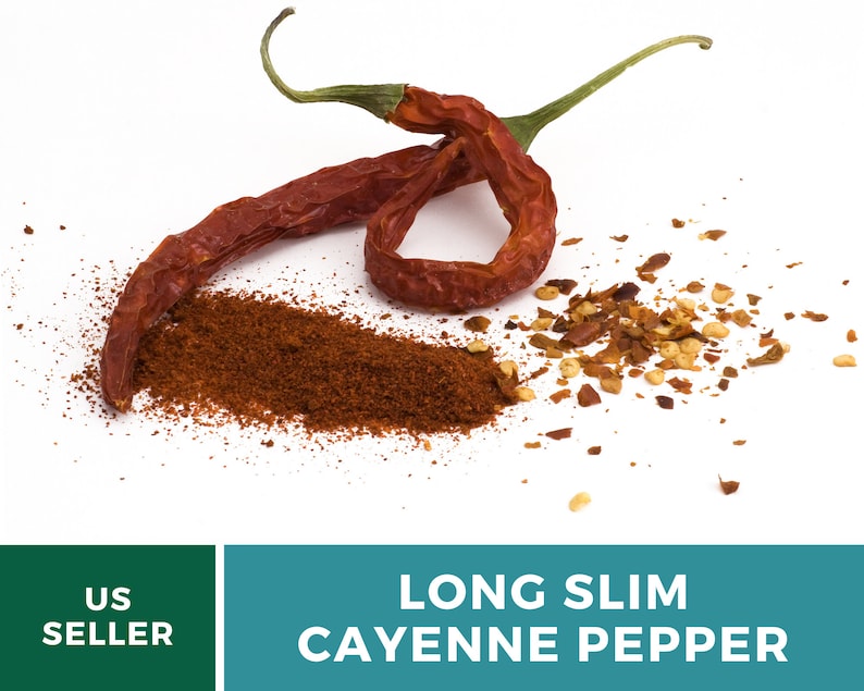 May include: Dried long slim cayenne peppers, whole, crushed, and ground into a powder.  The peppers are red and the powder is a deep red color.