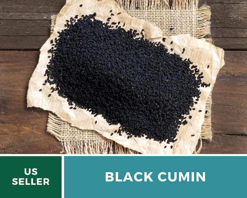 May include: A close-up image of black cumin seeds on a brown paper and burlap background. The seeds are small and black, and they are arranged in a pile. The text "BLACK CUMIN" is visible in the lower right corner of the image.