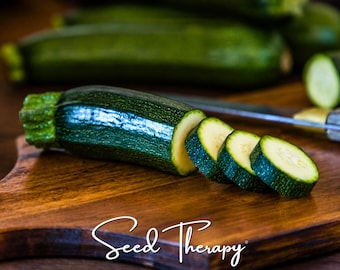 Könnte beinhalten: Eine dunkelgrüne Zucchini mit strukturierter Schale, die teilweise in drei runde Scheiben geschnitten ist und auf einem Holzbrett liegt. Der Text Seed Therapy ist in weißer Schreibschrift am unteren Bildrand zu sehen, weitere Zucchini liegen daneben.