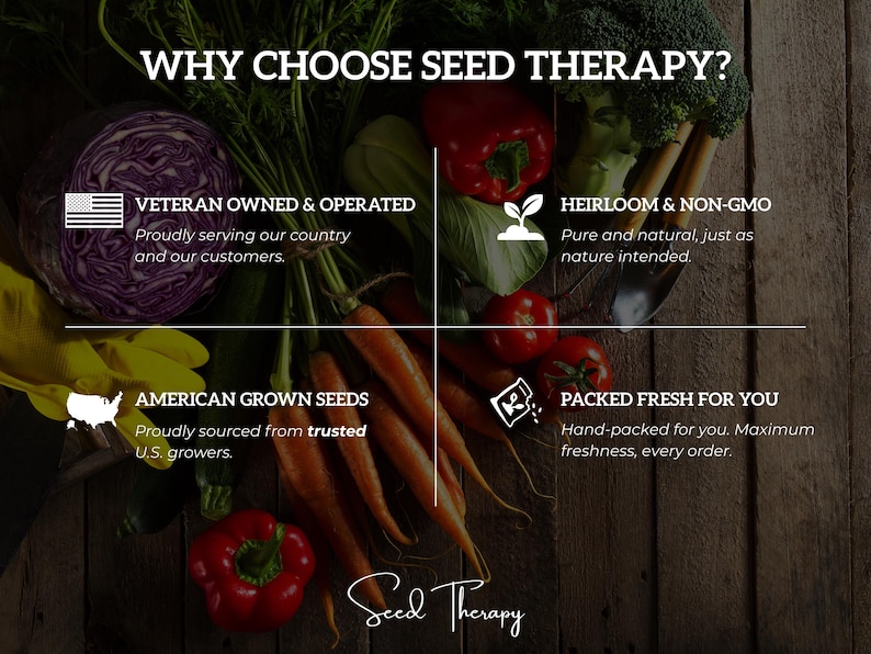 Seed Therapy infographic highlighting heirloom non-GMO seeds, veteran-owned business, and affordable pricing