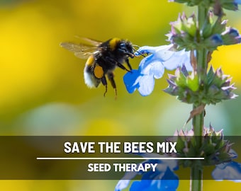 May include: A bumblebee, with black and yellow markings, hovers near a cluster of blue flowers. The image has a blurred yellow background. Text on the image reads "SAVE THE BEES MIX" and "SEED THERAPY".
