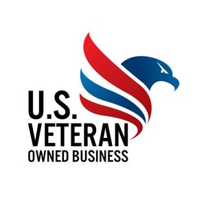 May include: A logo featuring a stylized eagle in red, white, and blue, with the text "U.S. Veteran Owned Business" in black. The eagle's wings are composed of red and blue stripes, and the eagle's head is blue.