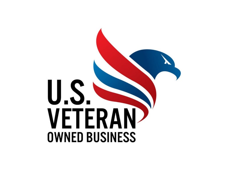 May include: A logo featuring a stylized eagle in red, white, and blue, with the text "U.S. Veteran Owned Business" in black. The eagle's wings are composed of red and blue stripes, and the eagle's head is blue.