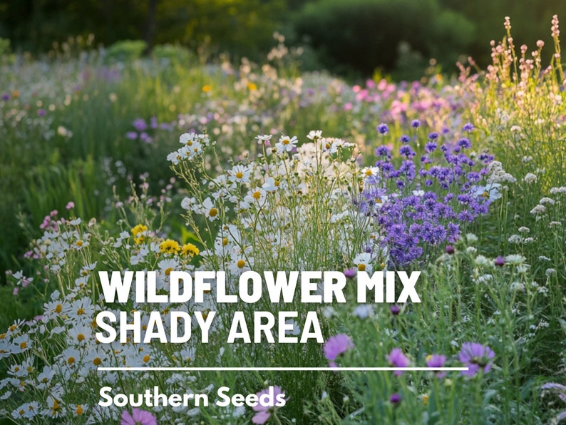 Puede incluir: Un campo de flores silvestres en un &aacute;rea sombreada. Las flores son una mezcla de blanco, morado y rosa. El texto "Wildflower Mix Shady Area" y "Southern Seeds" es visible en la imagen.