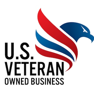 May include: Logo featuring a stylized eagle head in blue with red and blue wing elements. The text "U.S. VETERAN OWNED BUSINESS" is in bold, black font, indicating a business owned by U.S. veterans.