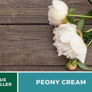 May include: Three white peony flowers with green stems on a brown wooden background. The text "PEONY CREAM" is displayed on a teal background.