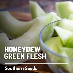May include: Close-up of a bowl of cubed honeydew melon with green flesh. The melon is arranged in a bowl on a wooden surface. The text "HONEYDEW GREEN FLESH" and "Southern Seeds" is visible below the bowl.