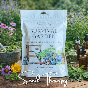 May include: A white pouch labeled Seed Therapy Survival Garden 40 Medicinal Healing Herbs with a watercolor illustration of gardening tools and a wheelbarrow, featuring the website address SEEDTHERAPY.COM printed at the bottom of the package.