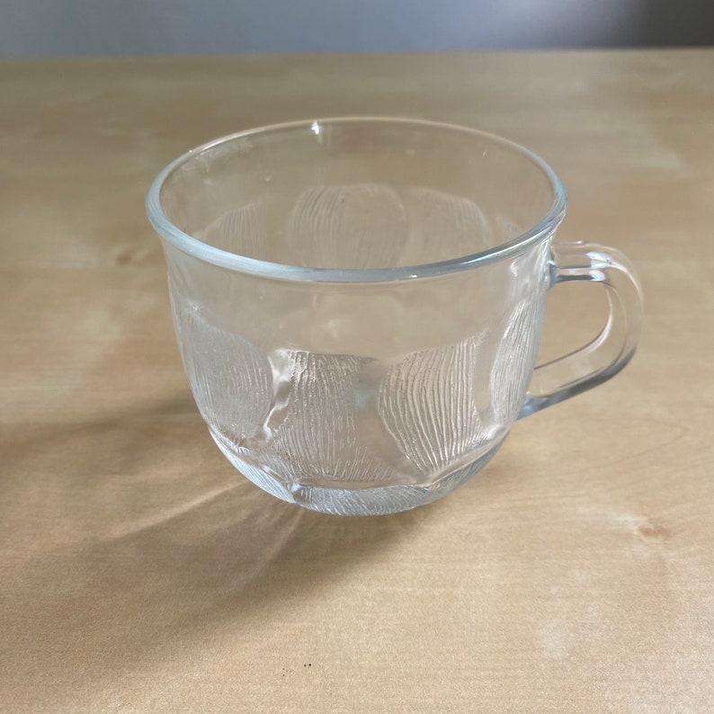 Pu&ograve; includere: Una tazza di vetro trasparente con un design testurizzato. La tazza ha una forma arrotondata e un manico.