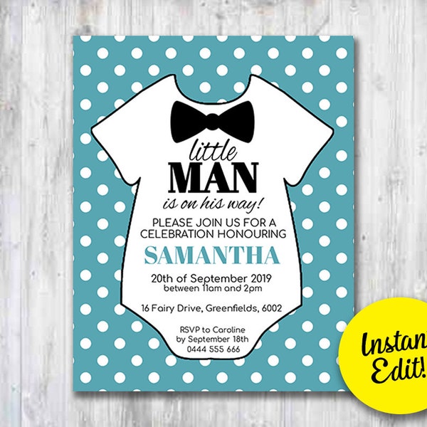 BabyShower Invite It's a Boy Teal Blue Polkadots White Onesie Bow Tie Bowtie