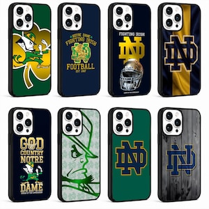 May include: Eight smartphone cases featuring Notre Dame Fighting Irish branding. Designs include the leprechaun mascot, the ND monogram, a football helmet, and text such as Fighting Irish, God Country Notre Dame, and Legion of the Leprechaun.