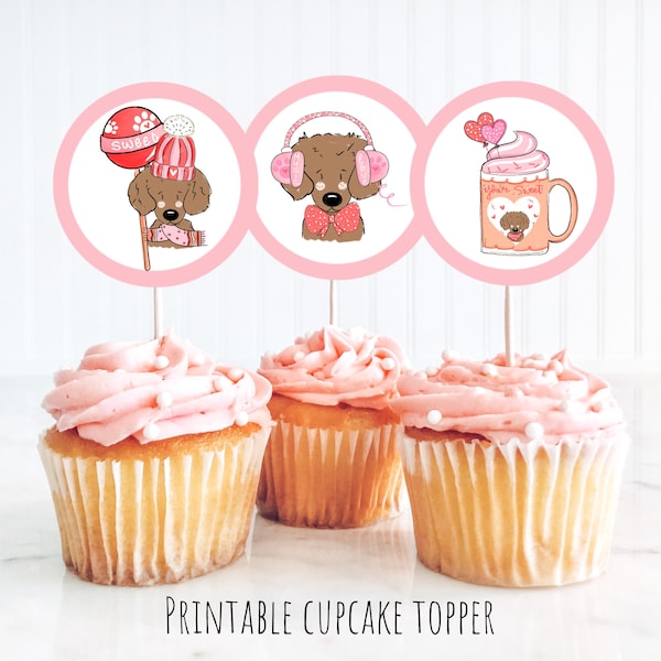 Valentine Pawty Dog Cupcake toppers/Circle labels - Printable PDF - Pink Party - Teckel puppy