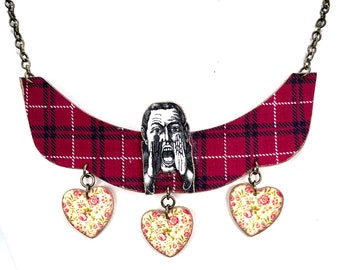 Red Plaid Cuff Necklace with Shouting Man Medallion