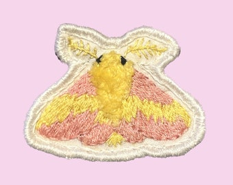 Rosy Maple Moth Handmade Patch | Sew-on | Made-to-Order | Approximately 2.5 in x 1.75 in | Bug | Insect