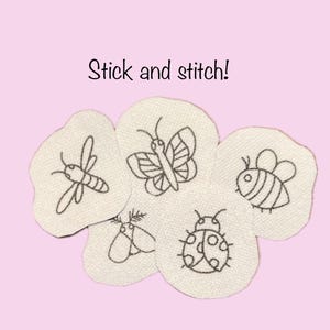 May include: Five off-white fabric patches with black line art embroidery designs of a bee, a butterfly, a moth, a ladybug, and another bee. The text Stick and stitch! is printed in black above the patches on a light pink background.