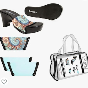 Onesole interchangeable Traveler Black shoe set with  paisley and turquoise print and aquamarine interchangeable tops in clear travel bag