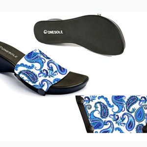 Sandale de loisirs noire de 2,5 cm avec dessus de chaussures interchangeables en néoprène confortable bleu à imprimé cachemire. Des centaines d'autres hauts disponibles séparément