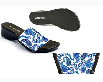 Black leisure 1 inch sandal with blue paisley print interchangeable comfy neoprene shoe tops. Hundreds of more tops available separately