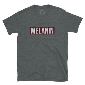 May include: A dark heather grey t-shirt with a maroon rectangle featuring the word "MELANIN" in white text.