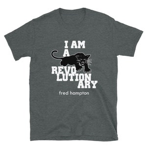 May include: A dark heather grey t-shirt with a black panther graphic and the text "I AM A REVOLUTIONARY fred hampton".