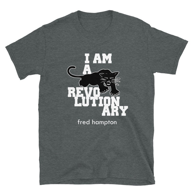 May include: A dark heather grey t-shirt with a black panther graphic and the text "I AM A REVOLUTIONARY fred hampton".