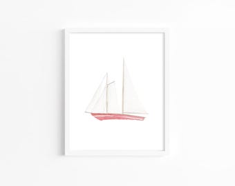 Rotes Segelboot Aquarell Kunstdruck