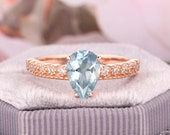 6x9mm Pear Shaped Aquamarine Engagement Ring Gold Wedding Ring Vintage Aquamarine Ring Ring Gift For Women Solid Gold Ring Blue Gemstone