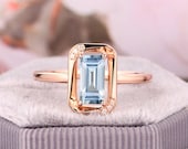 4x8mm Emerald Cut Natural Aquamarine Wedding Ring 1.1ct Aquamarine Engagement Ring Gold Wedding Ring Anniversary Ring Gift Promise Ring